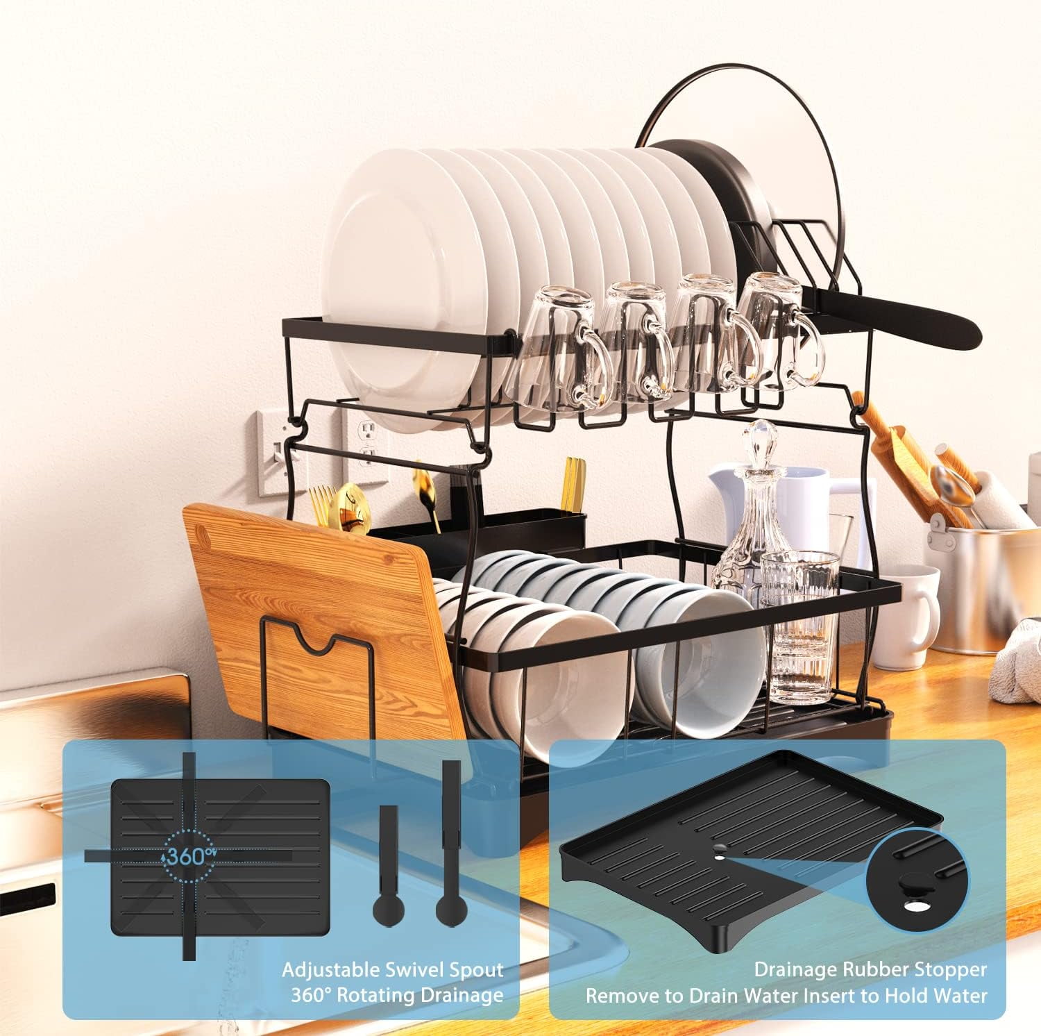 LIMORUNS Dishracks On Counter with Drainboard 2 Tier Set of Dish