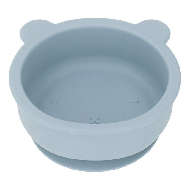 Tazón de silicona de grado alimenticio para bebés, con forma de oso de dibujos animados, con ventosa, color gris y azul.
