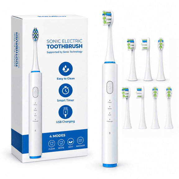 Sonic Electric Toothbrush for Adults, IPX7 Waterproof, 8 Brush Heads, 4 Modes, Soft, W-Shape Bristles with Fading Reminder, Rechargeable, Intelligent Timer, USB Type-C Fast Charging