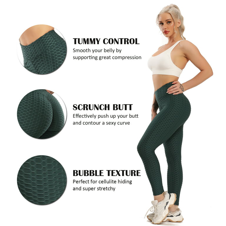 SEASUM Women's High Waist Yoga Leggings Tummy Control Butt Lift Tights  Textured Workout Running Pants Peacock Green M 