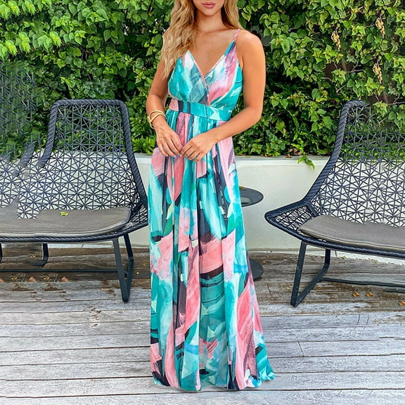 Taylonsss Womens Elegant Floral Print Boho Spaghetti Strap Sleeveless V Neck Flowy Maxi Dress Beach Vacation Outfit