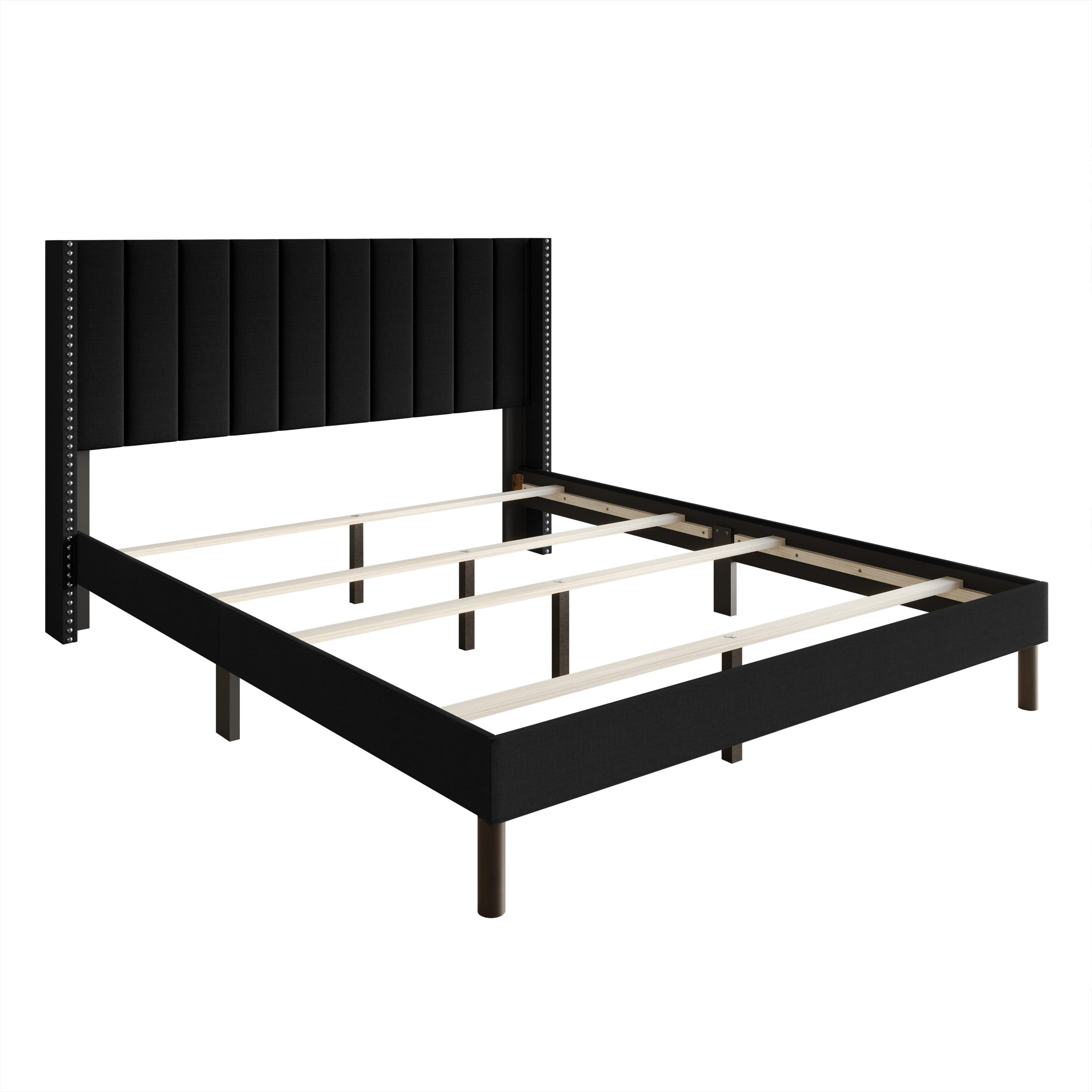 Home Design Odessa Full Linen Upholstered Wingback Panel Bed Frame with Vertical Channel Tufting & Nailhead Trim, Black, Easy Assembly