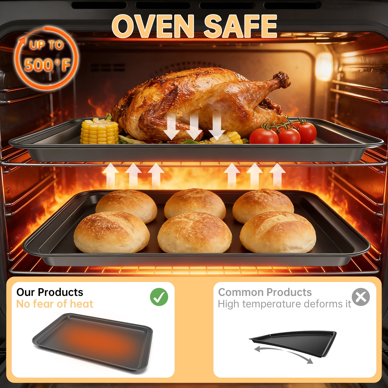 GPED Nonstick Carbon Steel Baking Sheet Set, 3-Piece Stackable Cookie Sheet Bakeware Set, 19/17/15 Inch, Carbon Steel BPA Free Cooking and Baking Trays for Cakes and Cookies, Oven Safe (450°F), Gray