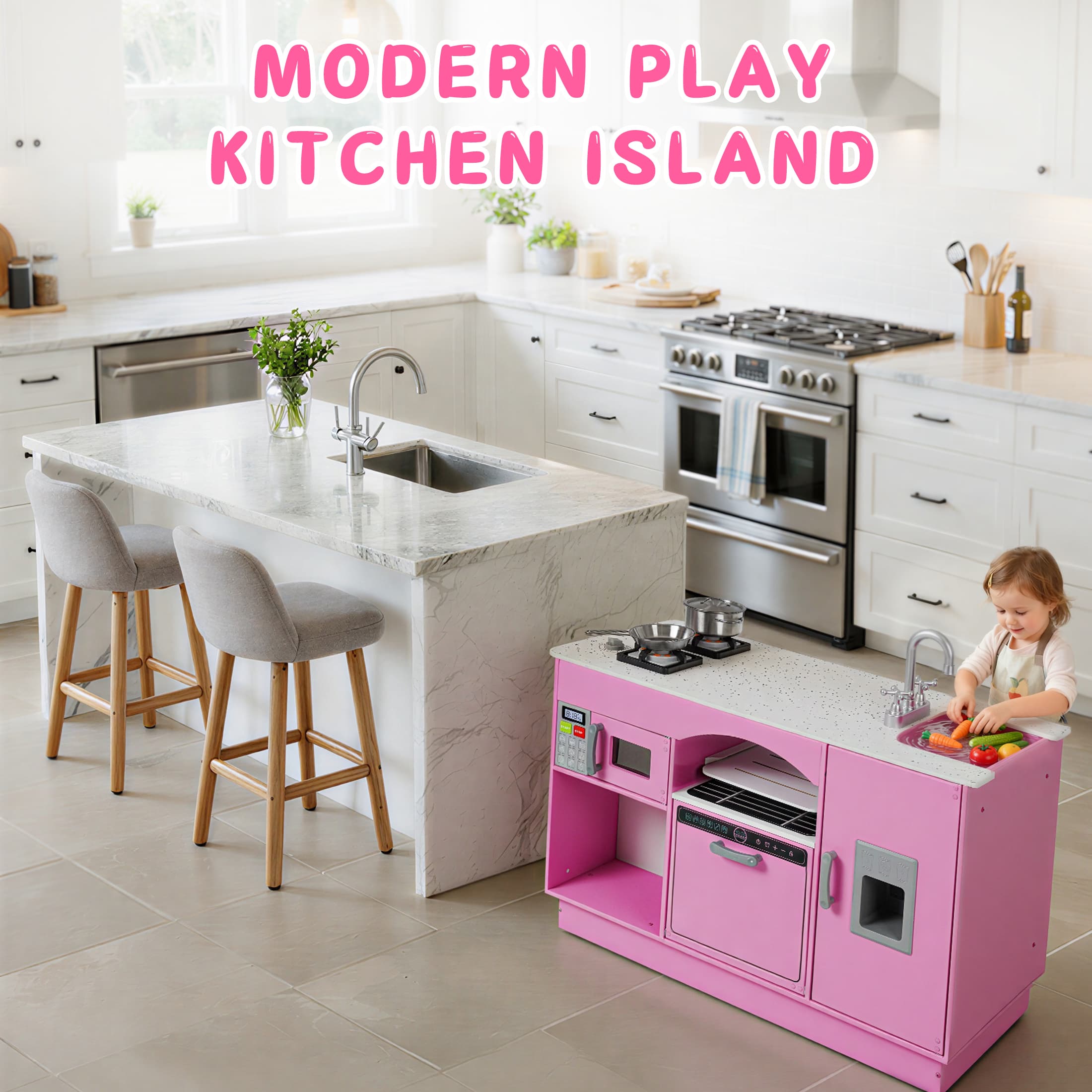 COCLUB Modern Wooden Play Kitchen Island for Kids, Pretend Play Center w/ Electronic Light & Sound Effects, Kids Kitchen Playset | Microwave, Washer, Ice Maker, Chalkboard & Accessories Included