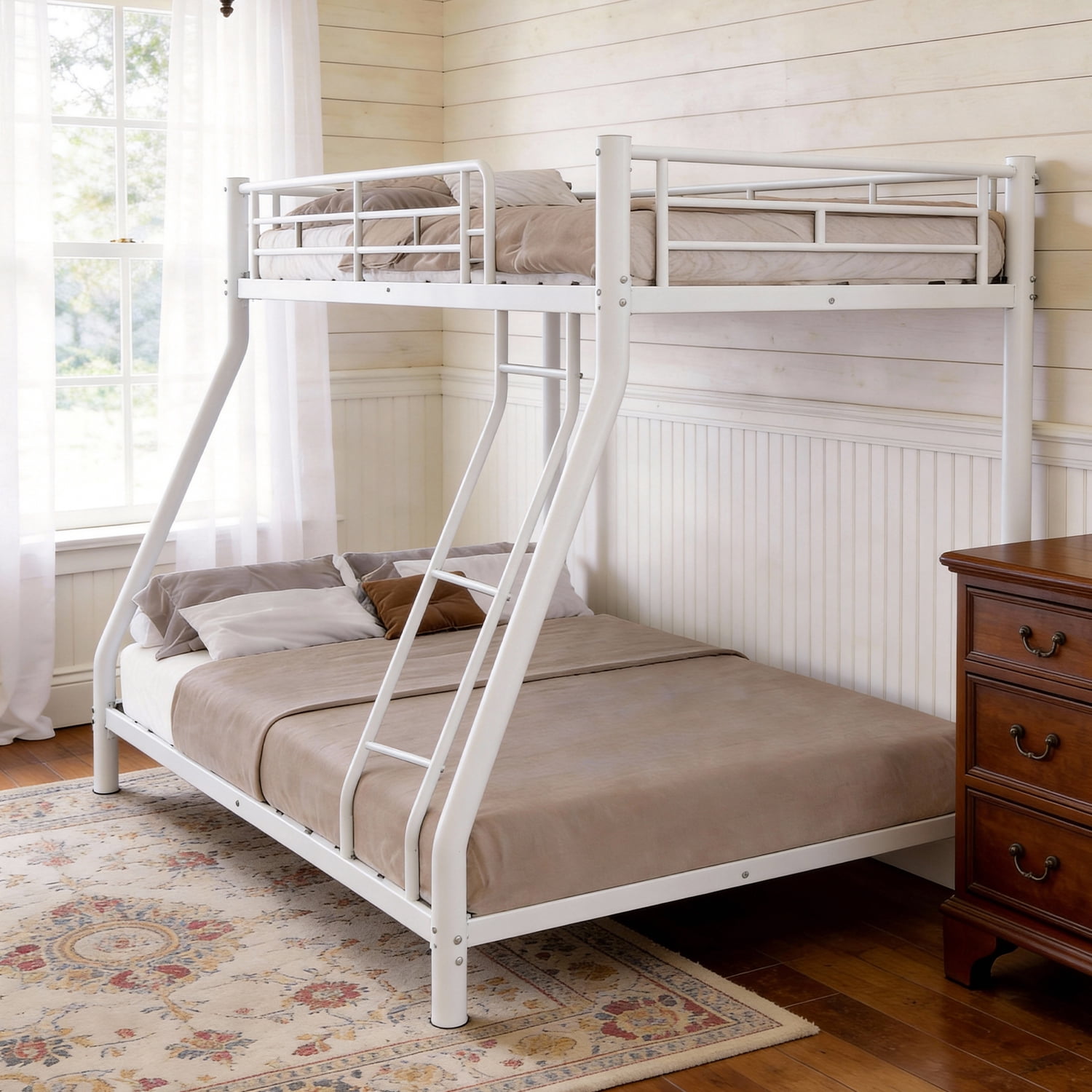 BaPiPro Metal Bunk Bed Twin Over Full Size with Removable Stairs, Heavy Duty Metal Frame for Teens & Adults, No Box Spring Needed, White