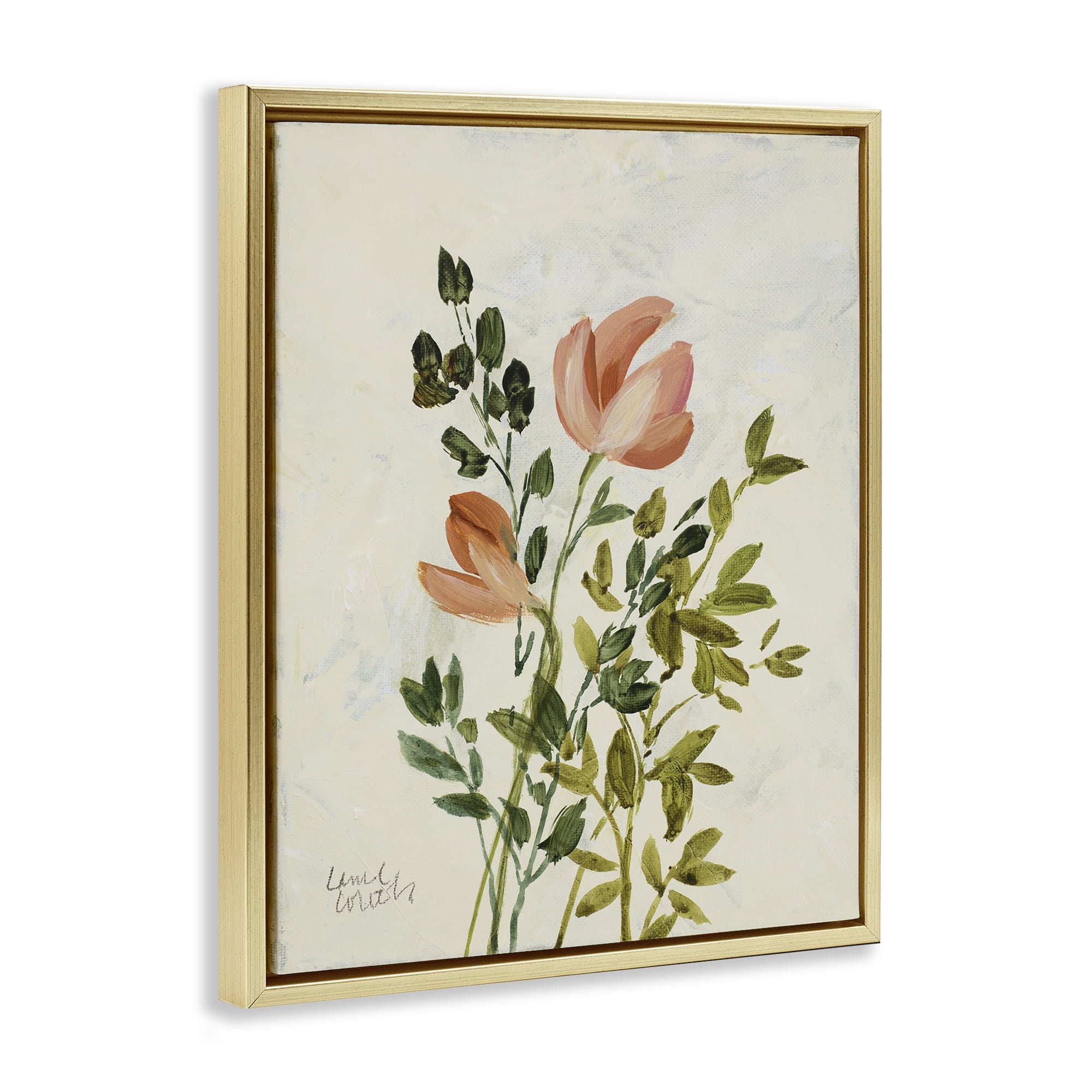 Stupell Industries Vintage Leaves Pink Blossom Floral & Botanical Painting Gold Floater Framed Canvas Art Print Wall Art, 25 x 31