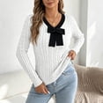 thumbnail image 4 of QIYAGBSA Womens V Neck Sweater Cable Knit Contrast Bow Detail Long Sleeve Pullover Casual Fall Winter Top (White M), 4 of 7