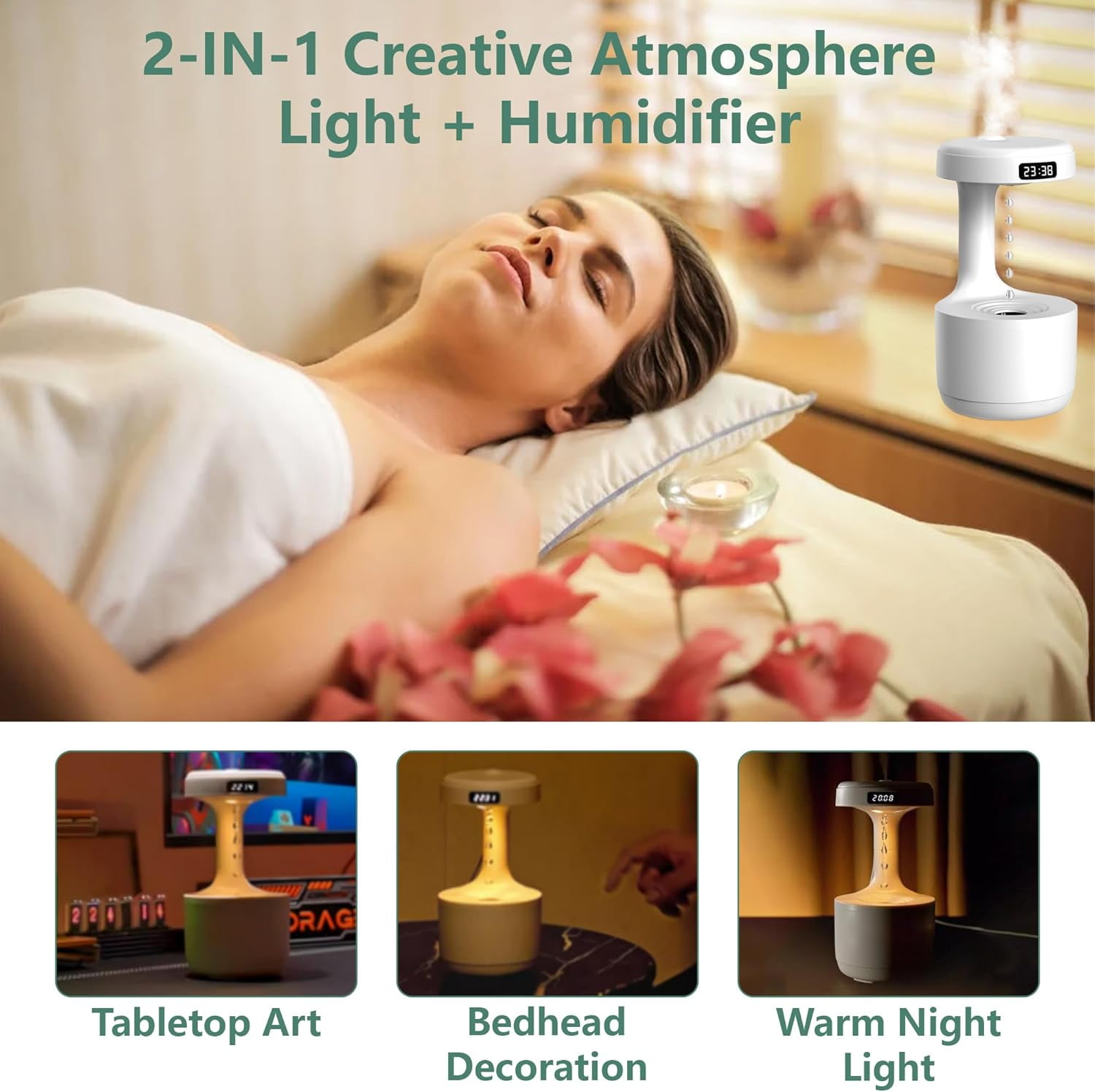 Anti Gravity Water Drop Humidifier: Upgrade Ultrasonic Anti Gravity Humidifier with LED Clock Display, Cool Mist Air Humidifier with Night Light for Home Bedroom Office (Green)