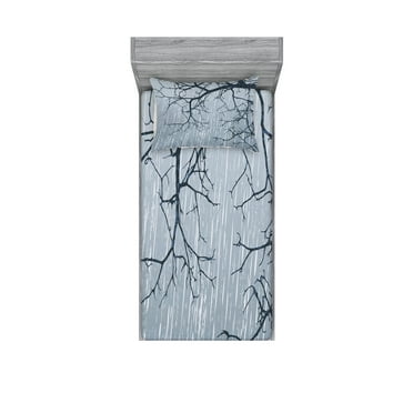 Ambesonne Tree Fitted Sheet & Pillow Sham Set, Rainy Day Winter Branches, Twinxl, Grey