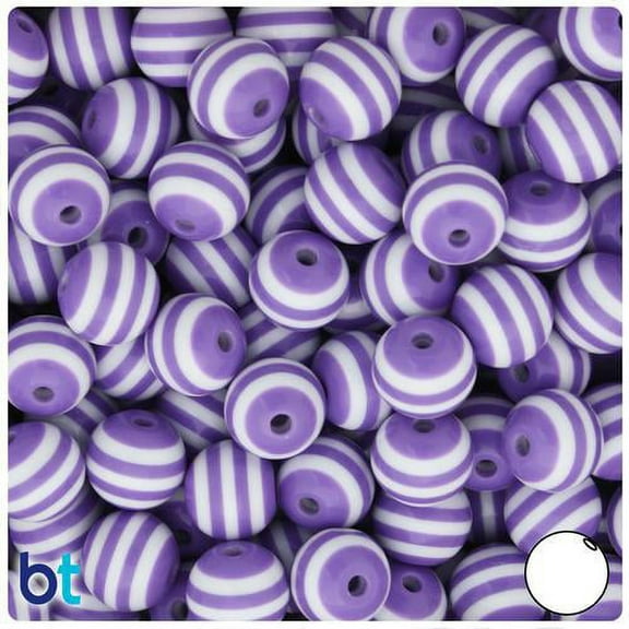 BeadTin Purple & White Striped 12mm Round Resin Beads (50pcs)