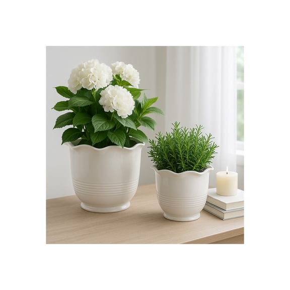 Scalloped Round Flower Pots for Home Decor - Stoneware Planters for Outdoor and Indoor Plants - Ceramic Garden Plant Display for Patio, Garden, and Balcony Styling - Set of 2, 10", 7", Ivory