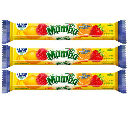 Mamba Fruit Chews 24 Candy Individually Wrapped Mixed Flavors Assortment Bag Party Favors Treats Stocking Stuffer Gifts on Birthday Halloween Christmas Thanksgiving, 3.73oz - Pack of 3