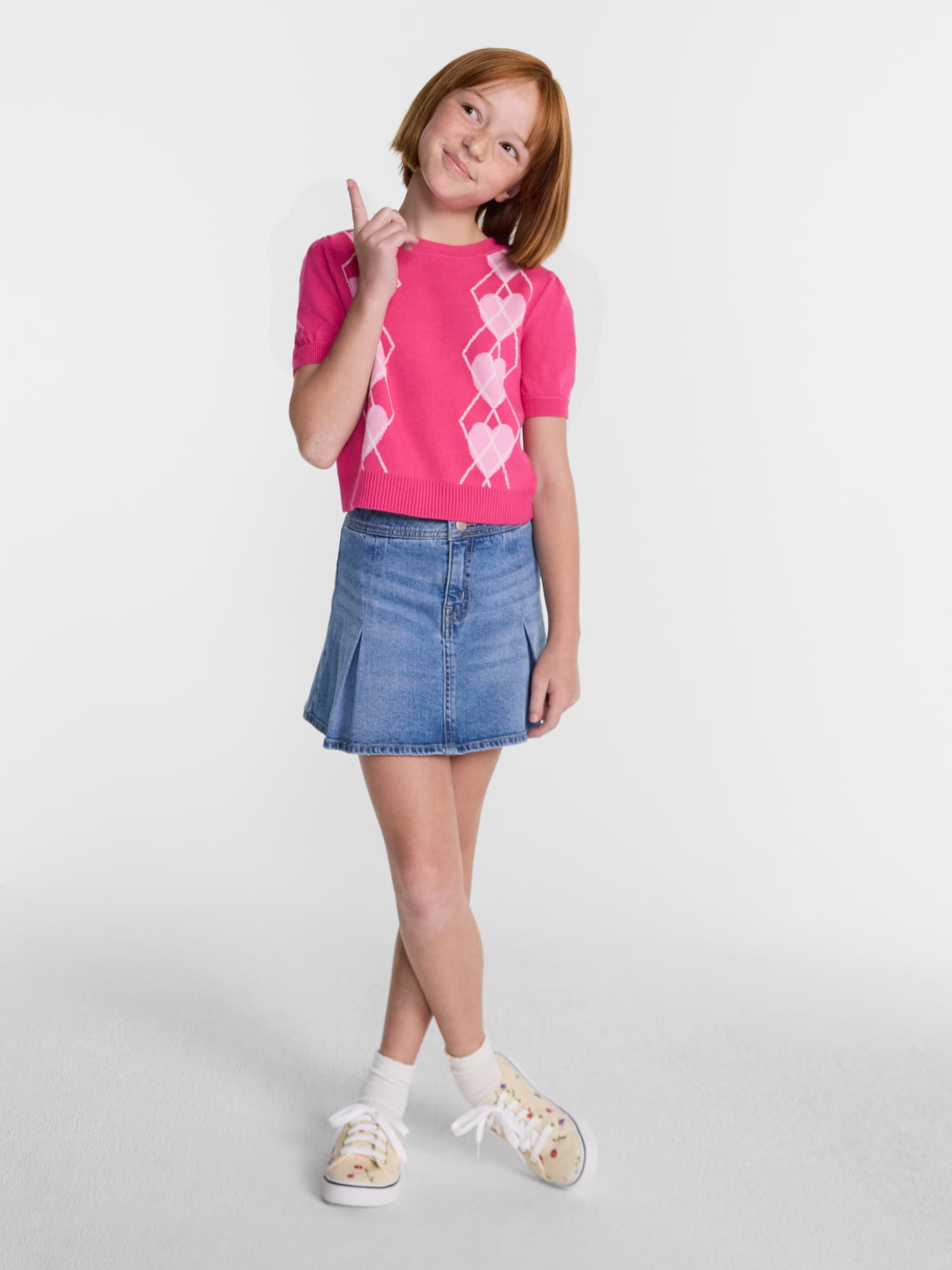Wonder Nation Girls Argyle Sweater with Short Puff Sleeves, Sizes 4-18