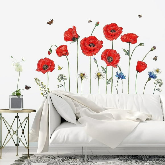 Autocollant Mural Fleur De Pavot Rouge Autocollant Mural Fleur Papillon Dcoration Murale Chambre Salon Enfants Bureau