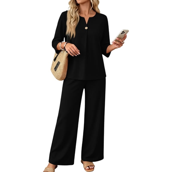 Two Piece Sets for Women 3/4 Length Sleeve Lounge Sets Summer Spring Vacation Travel Outfits Fashion Clothing Black M