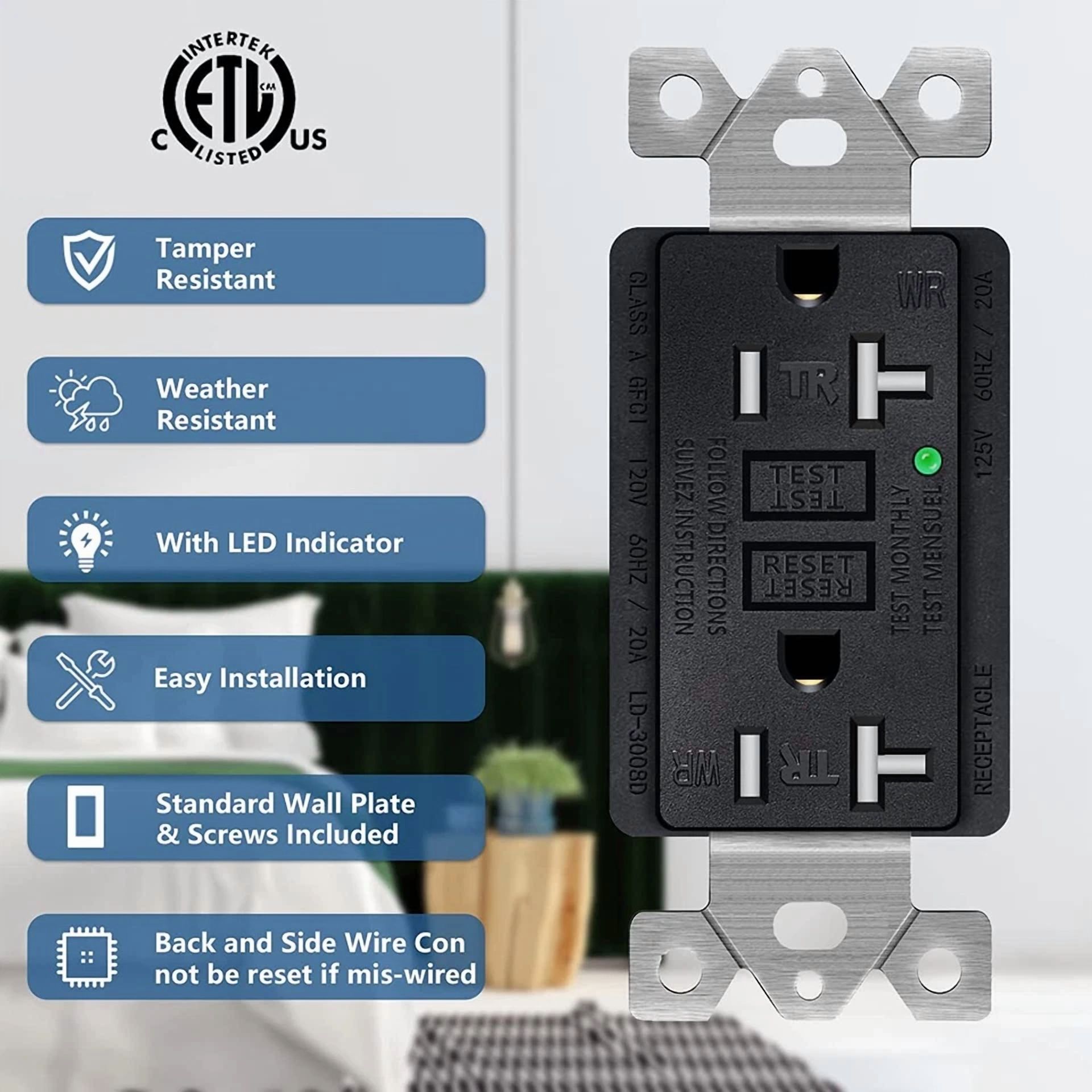 20 Amp Gfci Outlet Tamper-Resistant Gfi Receptacle Tr Wr With Plate For Bathroom