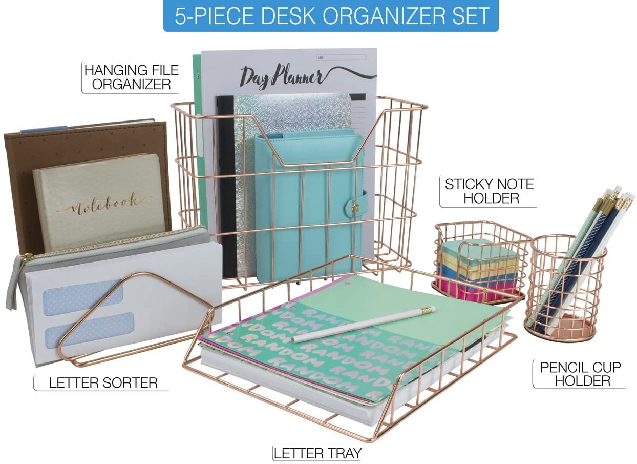 Sorbus 5-Piece Desk Organizer Set for Home and Office, Copper Metal Desk Storage Set