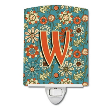 Caroline's Treasures CJ2012-WCNL Letter W Flowers Retro Blue Ceramic Night Light, 6x4x3", multicolor