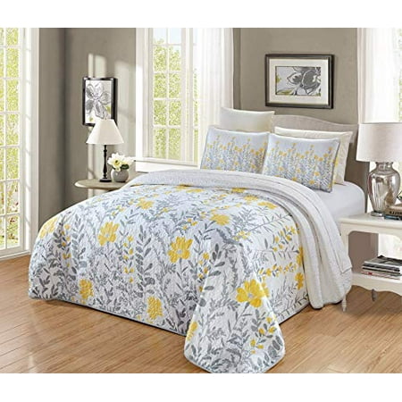 Grandlinen 3 Piece Fine Printed Oversize 115 X 95 Quilt Set Reversible Bedspread Coverlet California Cal King Size Bed Cover Yellow Grey Fl Vine Canada Quilt Set Reversible Bedspread Coverlet, Yellow California King Bedspread