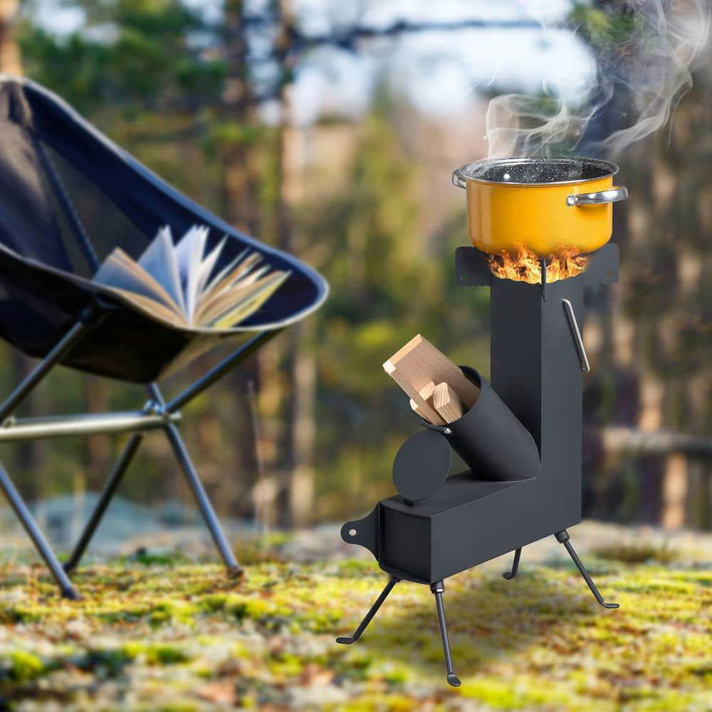 Barara King Outdoor Cooking Burner, Camping Stove, Foldable Camping Rocket Stove, Black, 9.44"D x 17"W x 22"H