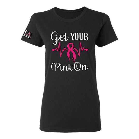 Wild Bobby Get Your Pink On USA Flag Sleeve Breast Cancer Awareness Women Tee, Black, Small