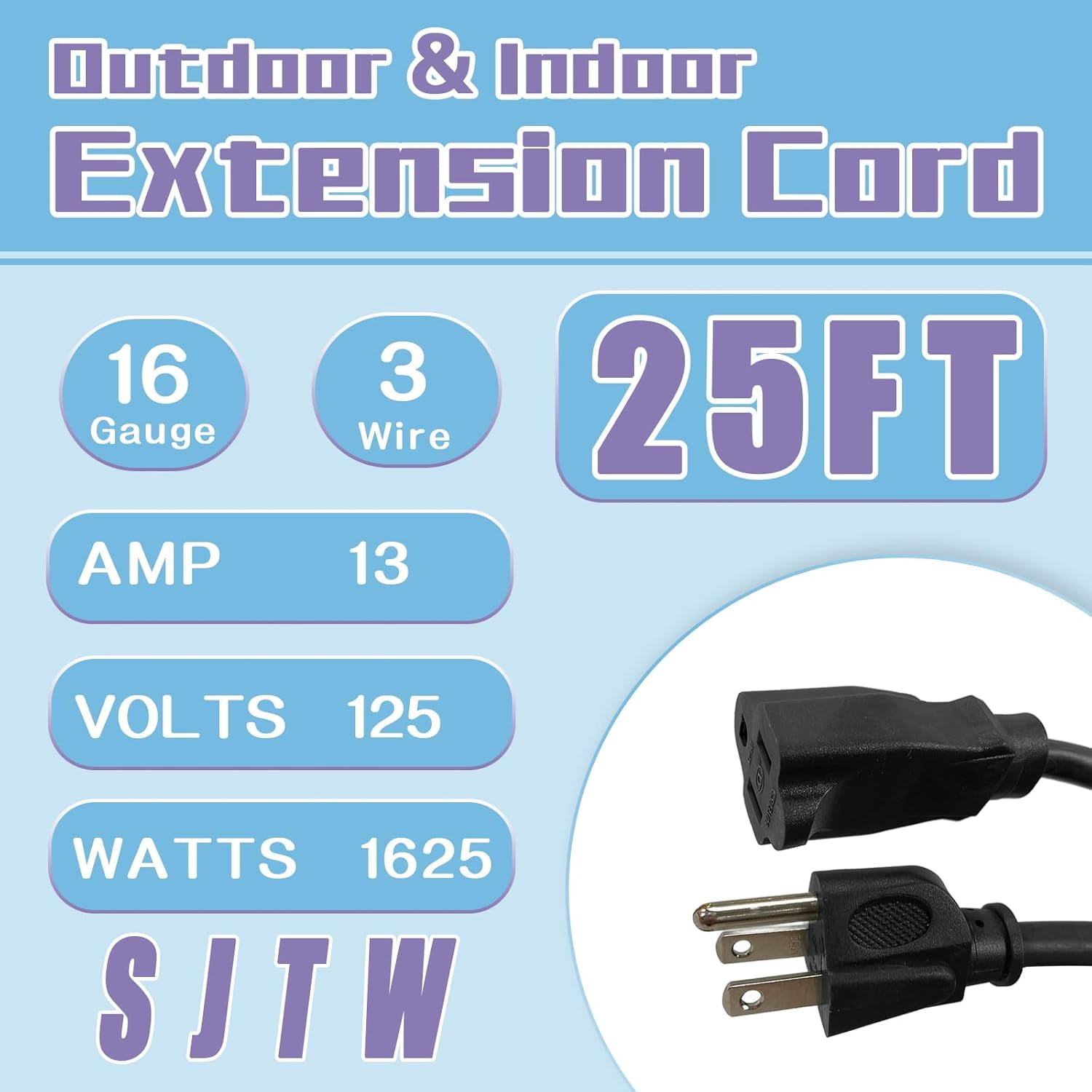 JJEAN-Indoor Outdoor Extension Cord 25 FT, 16/3 SJTW Weatherproof Black Electrical Cords, 13 AMP Heavy Duty 3 Prong Power Cable Great for Garden, Landscaping & Holiday Decorations