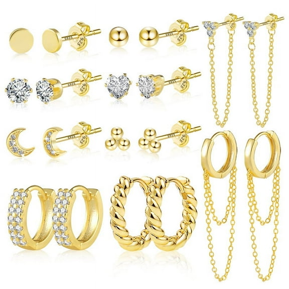 Alexcraft 20 PCS Gold Earrings Set for Women - 14K Gold Plated Stud Huggie Hoop Earring Sets for Multiple Piercing - Hypoallergenic Small Dangle Chain Cartilage Earrings Stacks