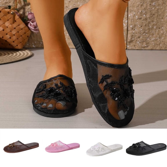 Mesh Sandals For Women Non-Slip Breathable Comfortable Casual Footwear Summer Slip On Floral Flat Shoes (8.5, Black)