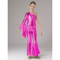 thumbnail image 3 of Linjinx Kids Girls Metallic Dance Jumpsuit One Shoulder Bell-bottom Leotard Romper Pageant Party Prom Hot Pink 10, 3 of 7