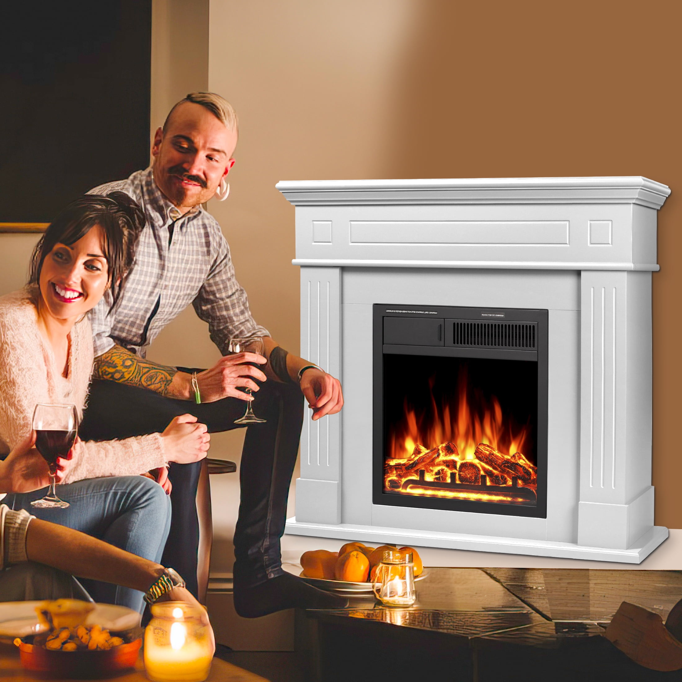 KISSAIR Electric Fireplace Mantel Package Wooden Surround Firebox Electric Fireplace Heater with Logs, Adjustable Led Flame, Remote Control for Room, 750W-1500W, Pearlwhite
