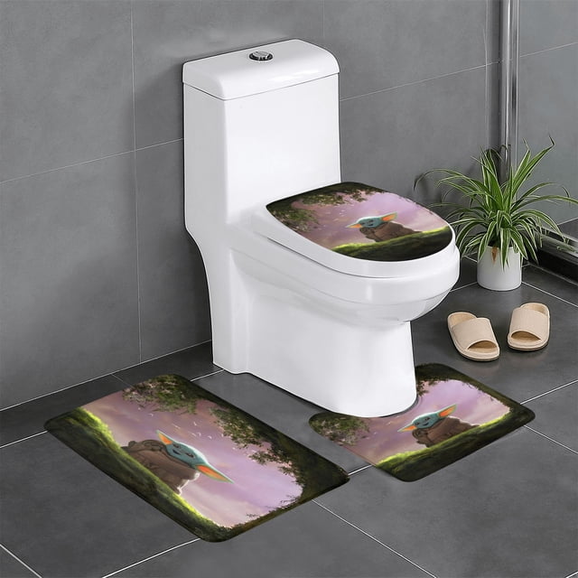 Bebé Yoda Juego de 3 alfombras de baño de coral fleece: tapete de baño + alfombra de inodoro en forma de U + funda de tapa de inodoro en forma de O