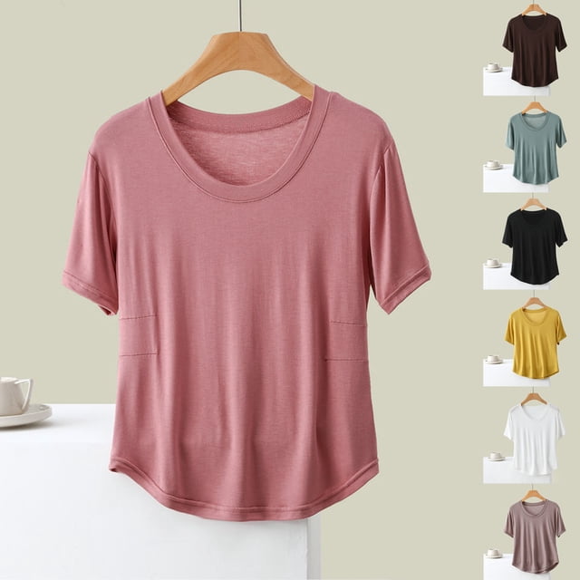 Fiudx Ofertas de La Semana Camiseta de Manga Corta de Color Sólido Suelta Informal de Moda para Mujer Top de Manga Corta