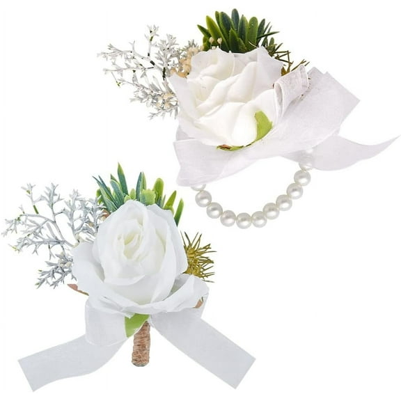 Rose Flower Wrist Corsage White Silk Cloth Imitation Rose with Satin Ribbon Wrist Corsage Boutonniere Set for Rustic Vintage Wedding Decor DIY