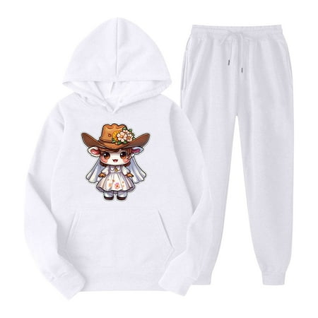 LMKIHUSA Women Sweat Suit Outfit Fleece 2 Piece Outfits Sets for Women Cute Graphic Hoodie Sweatshirt and Long Sweatpants Jogger Workout Set Fall Comfortable Tracksuit Sets White XL
