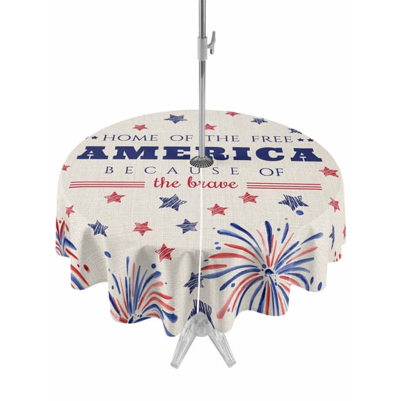 Outdoor Tablecloth with Umbrella Hole and Zipper, Independence Day Round Table Cloth 60 Inch Waterproof Tablecloth, Blue Red Star Fireworks American Flag Picnic Table Cover for Patio Camping