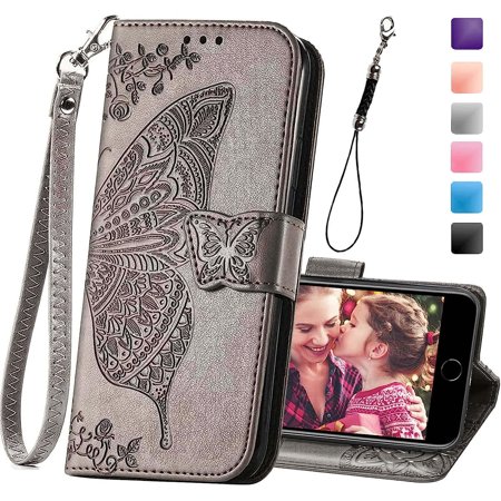 Wallet Case for iPhone SE 2020/SE 2022/iPhone 8/iPhone 7,Women Butterfly Embossed PU Leather Stand Credit Card Holder Slots Wrist Strap Flip Folio Cover for iPhone 6/6S/7/8/SE 2nd/SE 3rd Gen (Gray)
