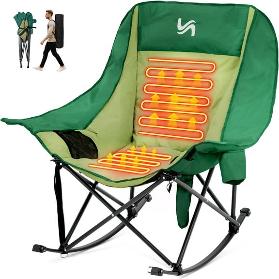 MOPHOTO Oversized Heated Rocking Camping Chair Support 500 lbs,Portable 3 Adjustable Heating Levels,Folding Quick Setup,Compact Storage,Lawn Chair with Side Pockets for Outdoor(Heated)