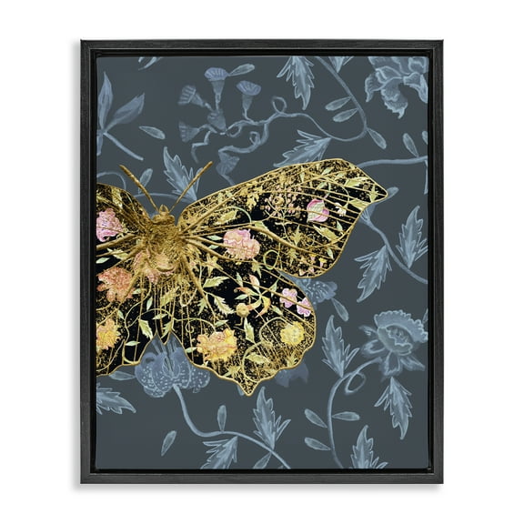 Stupell Industries Blue & Gold Butterfly Animals & Insects Painting Black Floater Framed Canvas Art Print Wall Art, 17 x 21