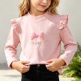 thumbnail image 5 of Fesfesfes Girls Ruffle Shoulder Long Sleeve Top Bow Detail Crew Neck Pullover Shirt, Cute Casual Autumn Winter Outfit for Kids Ages 0-8 Years, 5 of 6