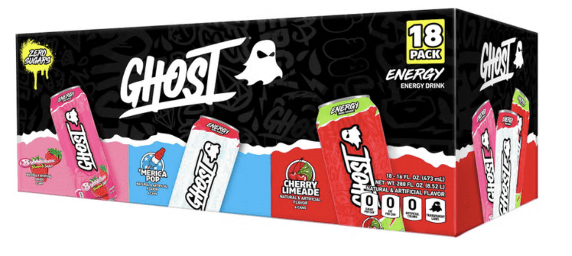 Ghost Energy Zero Sugar Variety Pack, Bubblicious Strawberry, Merica Pop, Cherry Limeade, 16 fl oz, 18 Pack