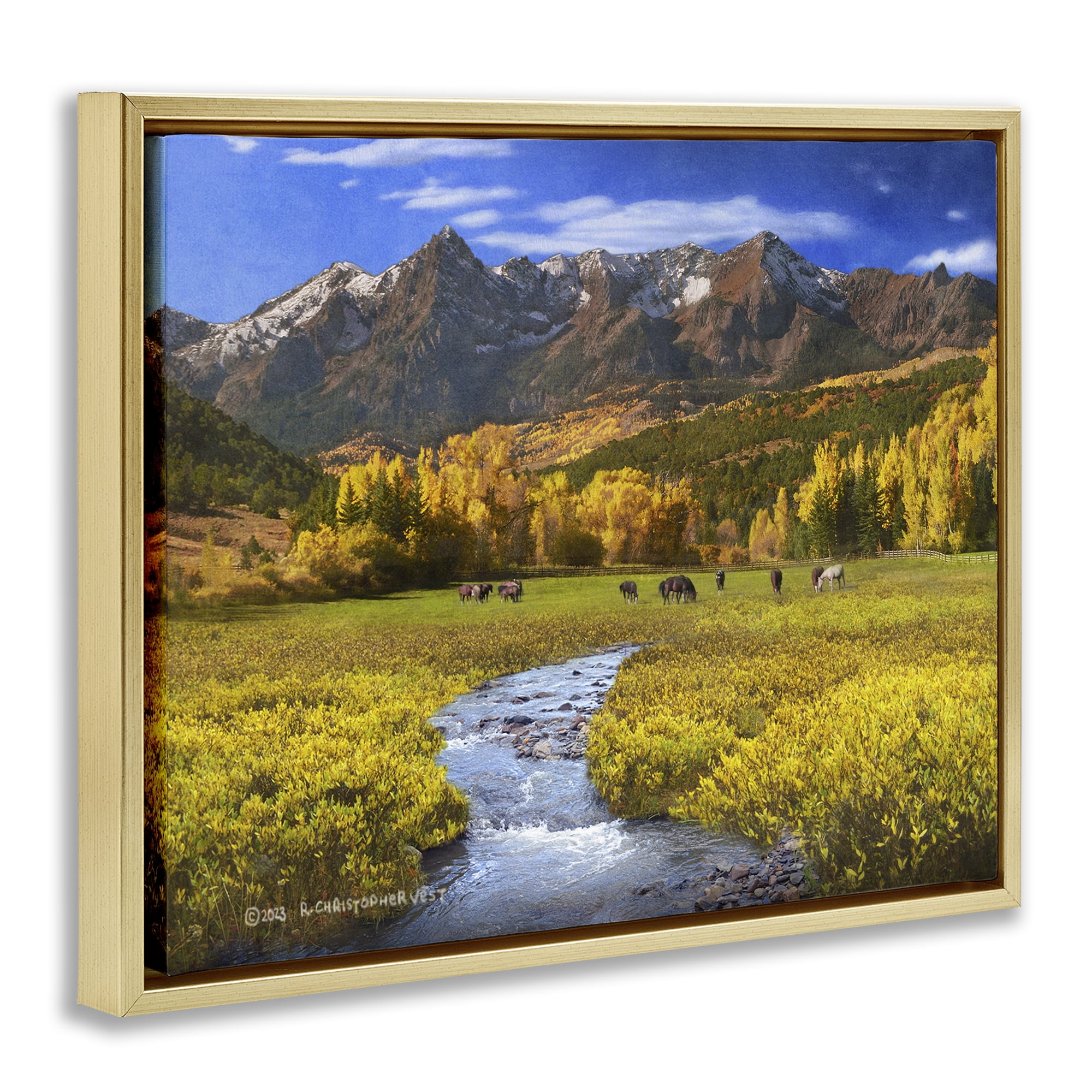 Stupell Industries Horse Ranch Autumn View Landscape & Nature Photography Gold Floater Framed Canvas Art Print Wall Art, 31 x 25