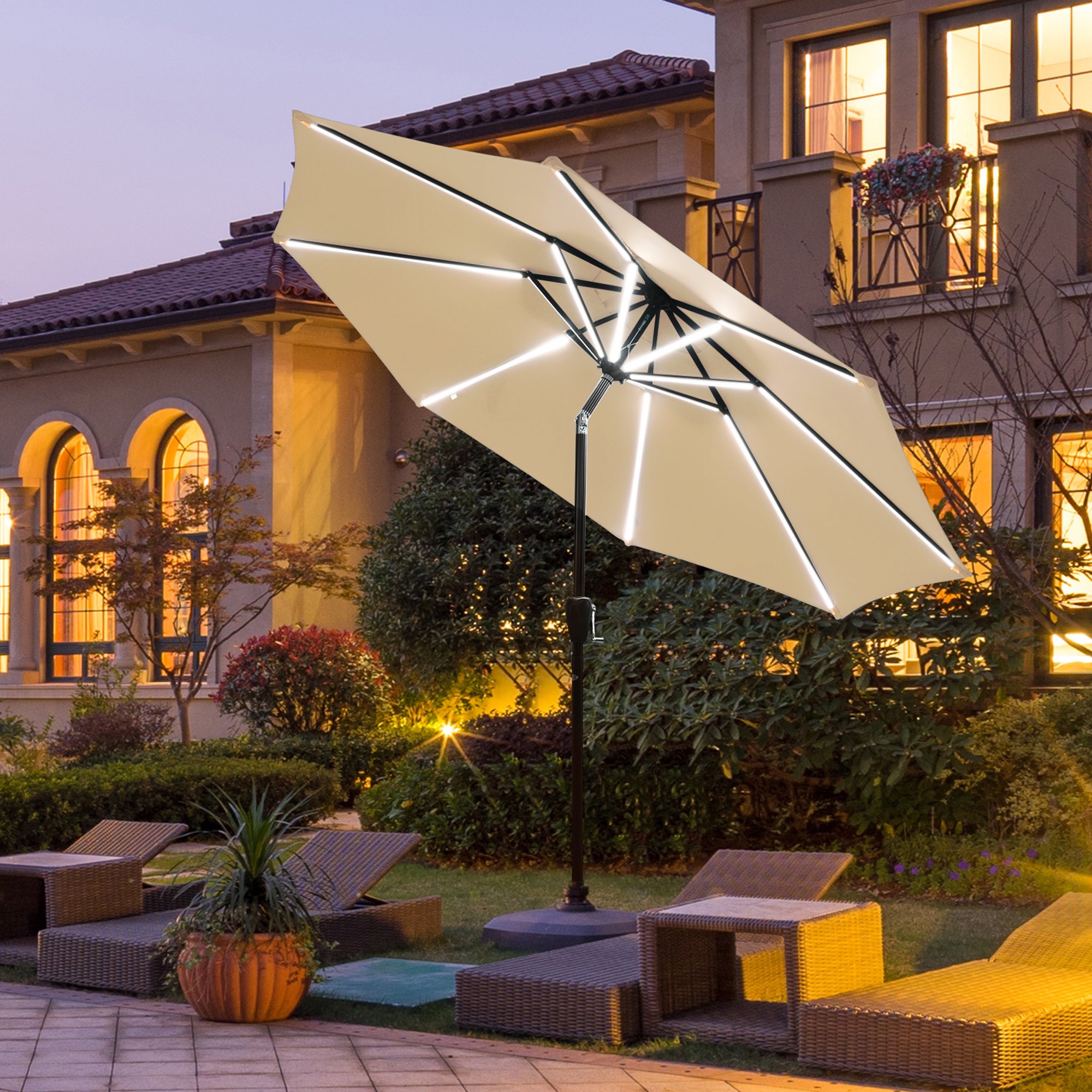 Gymax 9 ft Patio Table Market Umbrella Garden Outdoor w/ 16 Solar LED Lights  Beige - Walmart.com