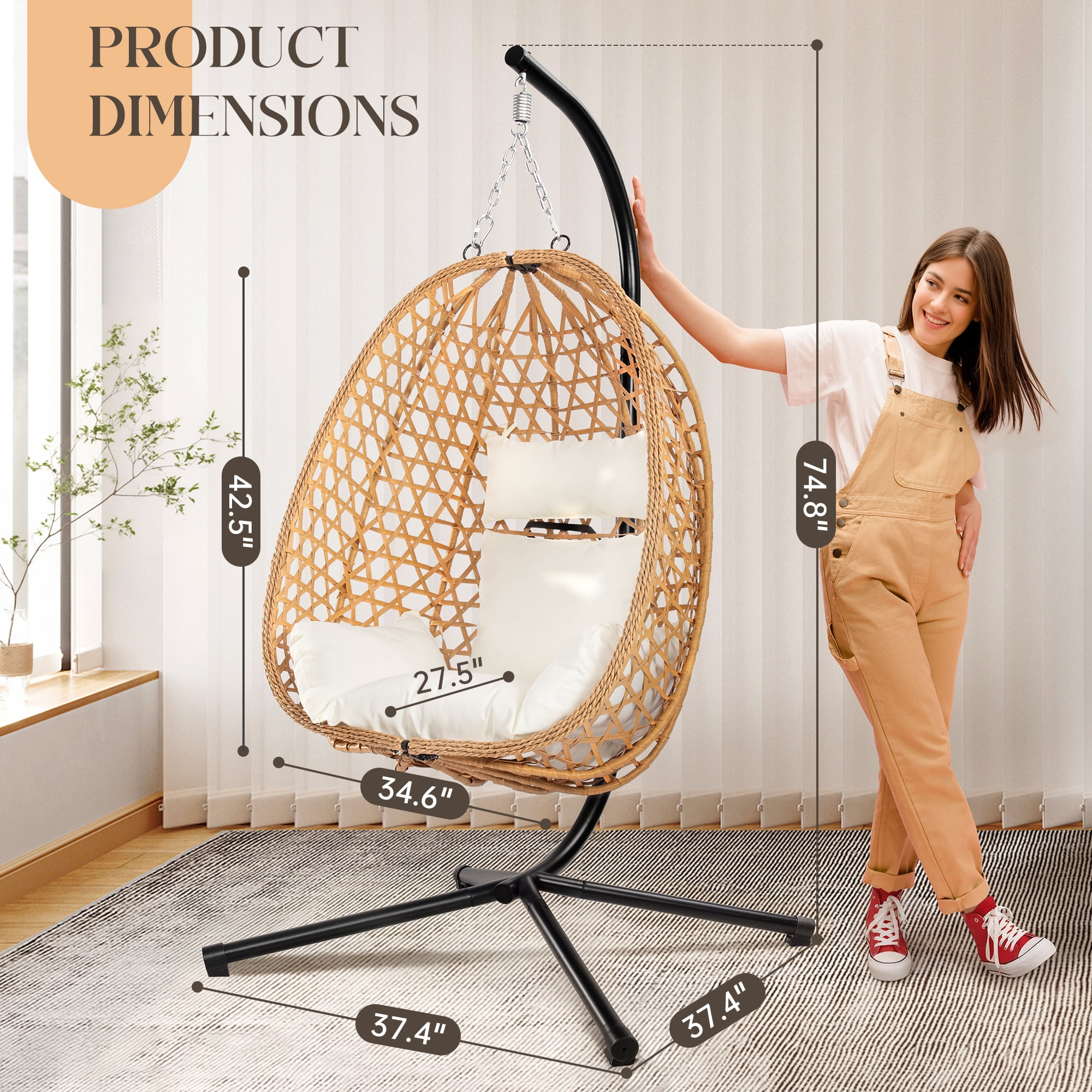 Egg Chair with Stand, Patio Wicker LHBcraft Hanging Chair, Hammock Swing Chair, 350LBS Capacity for Bedroom, Balcony, Garden
