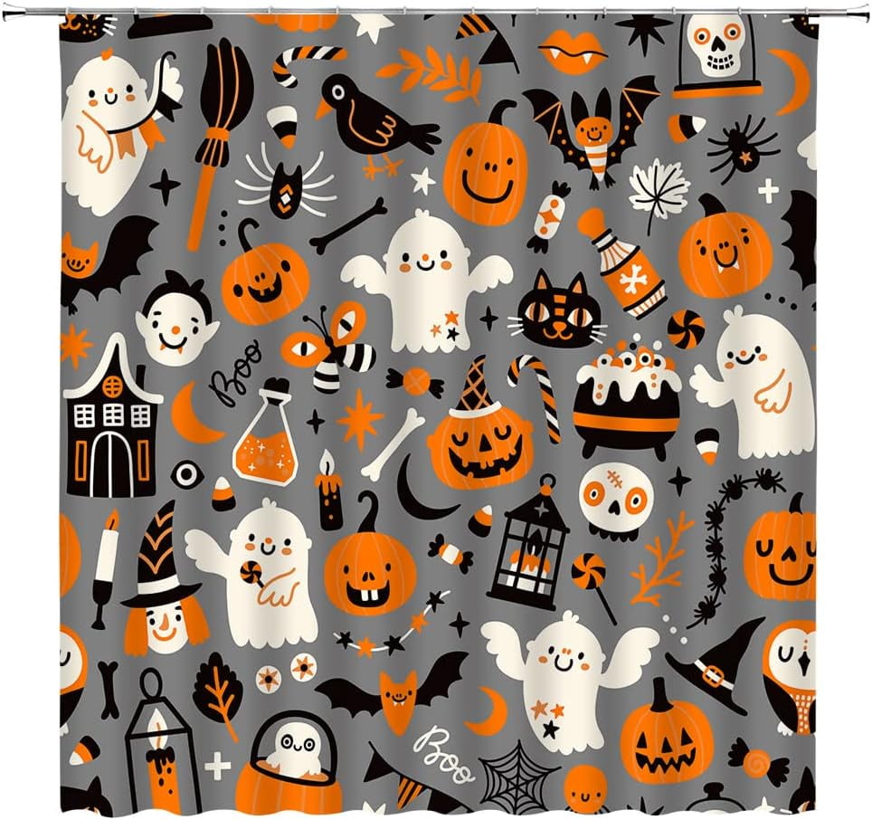 JOOCAR Happy Halloween Shower Curtain Cute Ghost Pumpkin Spooky Spider