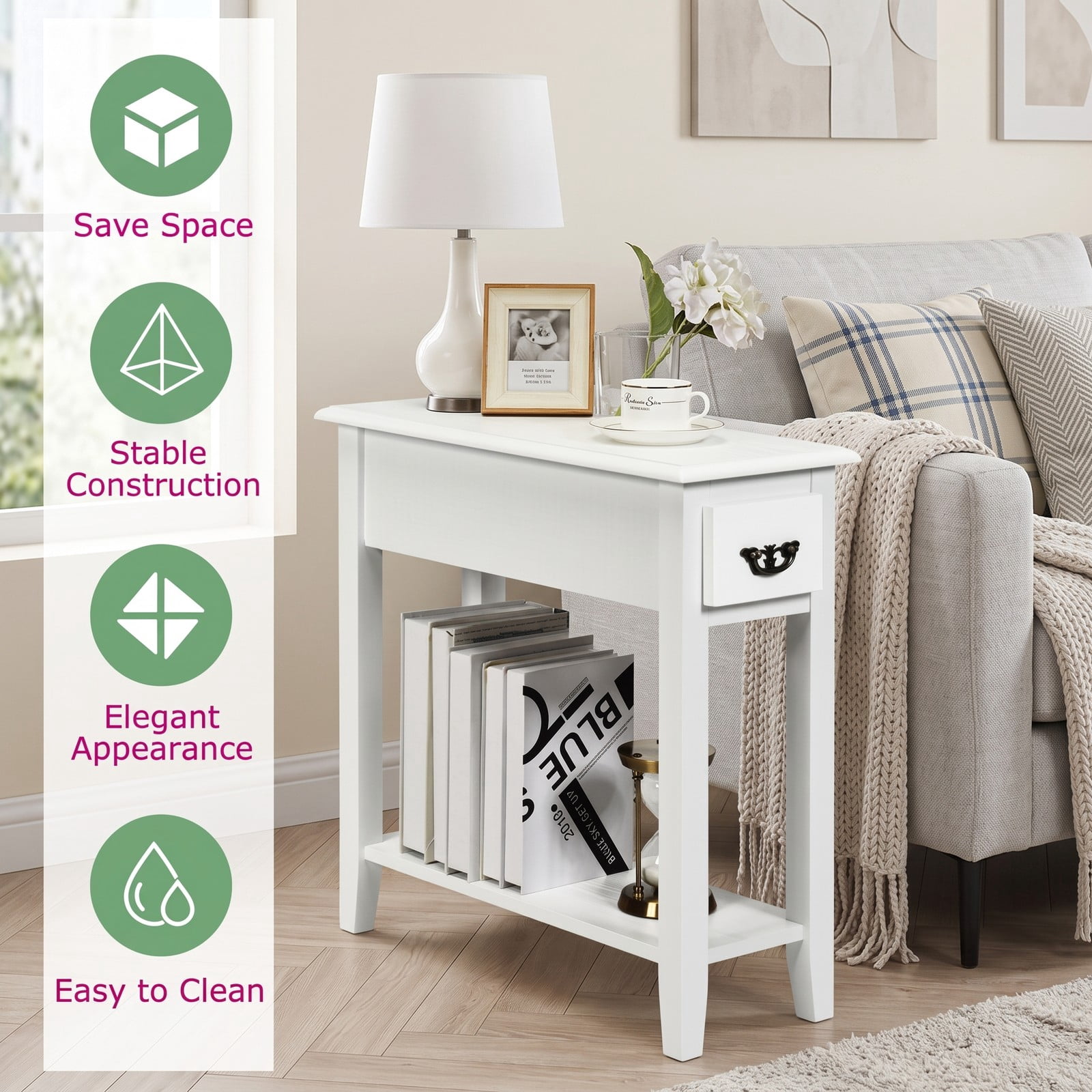 Furnibear 2-Piece Sofa Side End Table Set with Drawer and Open Shelf, 2-Tier Narrow Nightstand Bedside Table for Living Room Bedroom Small Space, MDF and Rubber, White