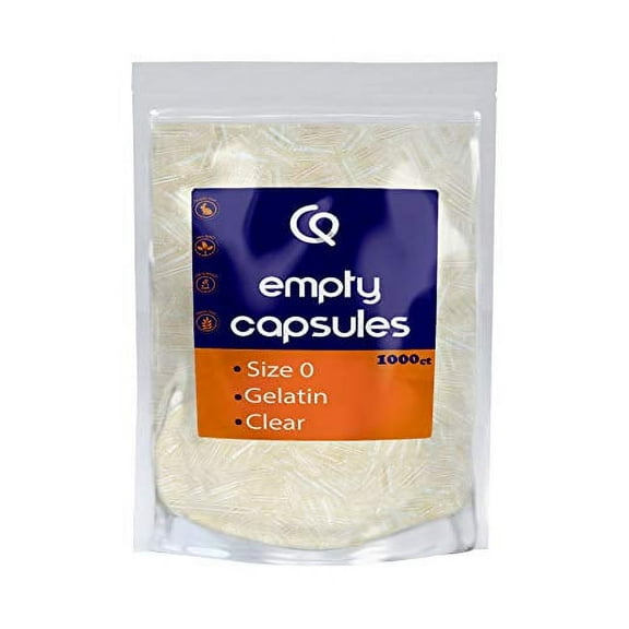 Empty Gelatin Capsules, 1000 ct Fillable, Size 0, Clear, Food-Grade, Gluten-Free Gel Caps, Resealable Bag