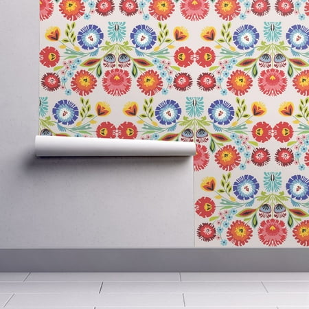American Folk Art Wallpaper - Peel-and-Stick Removable Wallpaper Floral Folk Art Polish Inspired Embroidery