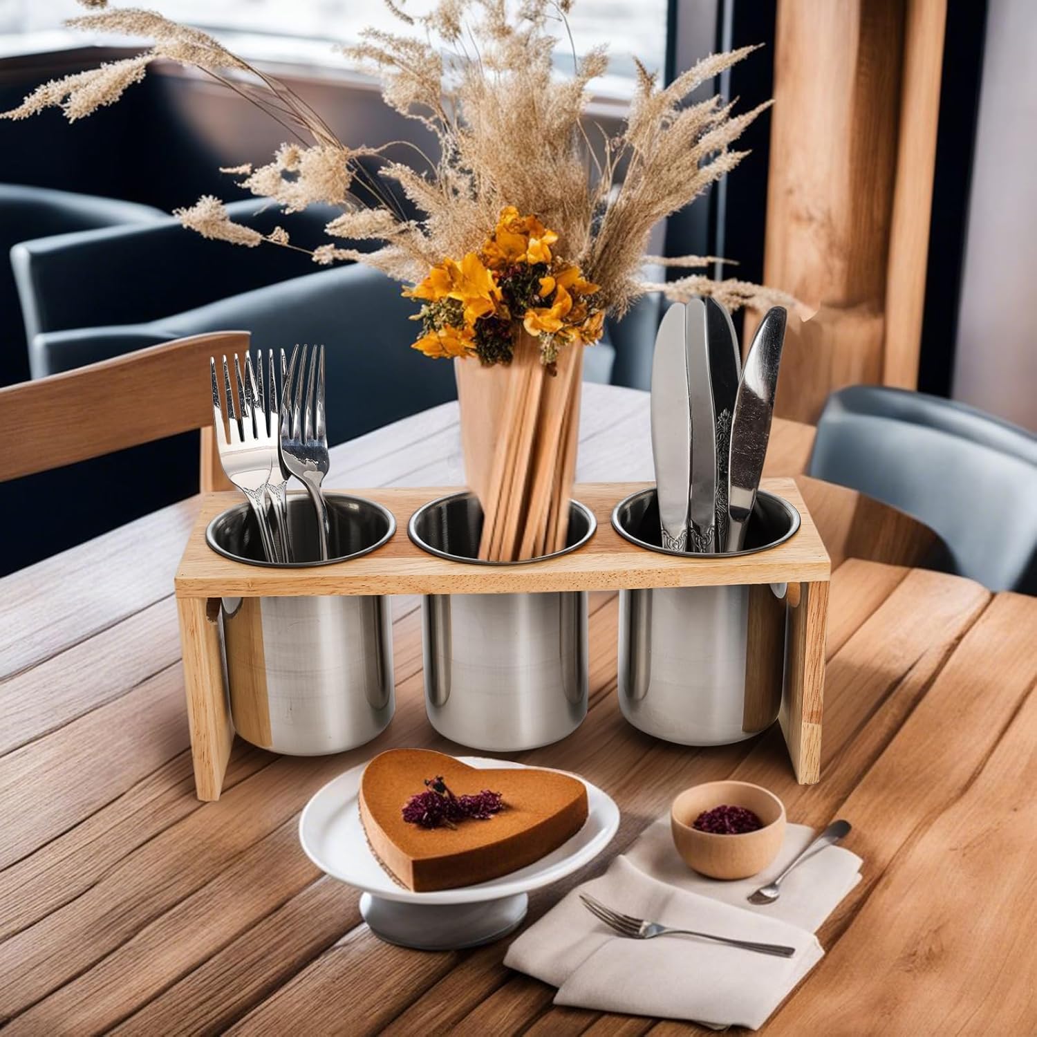 3 Pack Silverware Holder, Stainless Steel Utensil Organizer with Wood Base, Flatware Caddy for Spoons, Knives and Forks, Great for Kitchen Table, Cabinet, Pantry