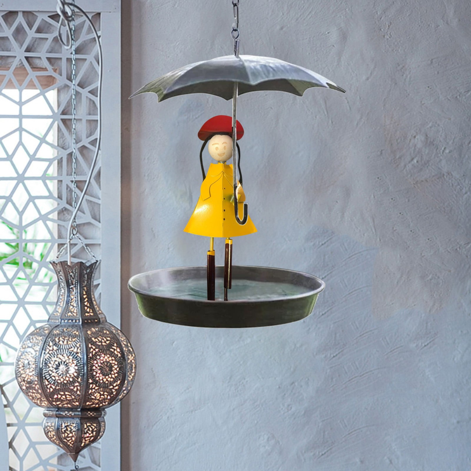 YAOCHXINNNN Feeder Pole for outside Sturdy Heated Baths Ground Hummingbird Feeders for outside on Window Novel Feeder Metal Hanging Chain Girl And Umbrella Bird Feeder