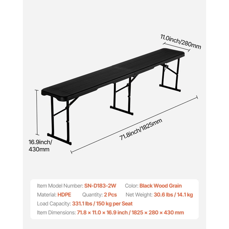 KFFKFF Folding Bench, 6 Feet, HDPE, Black, Set of 2 photo 7